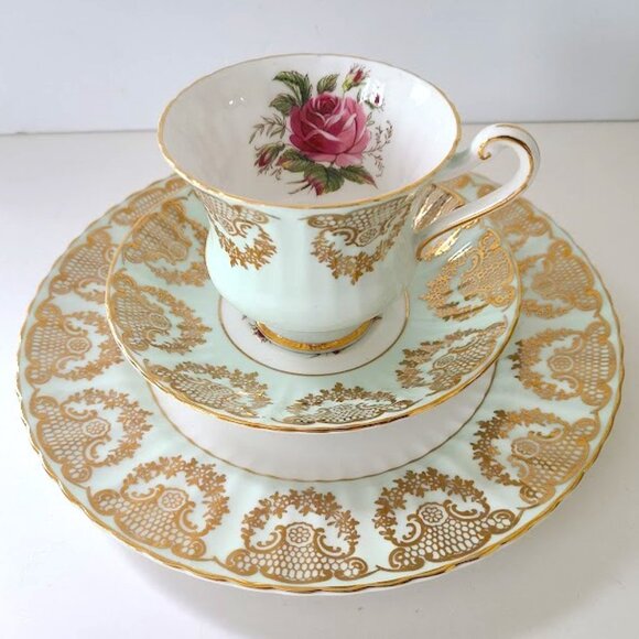 Paragon Floating Rose Teacup Saucer Lunch Set  Gold Filigree High Tea Set - Picture 1 of 14